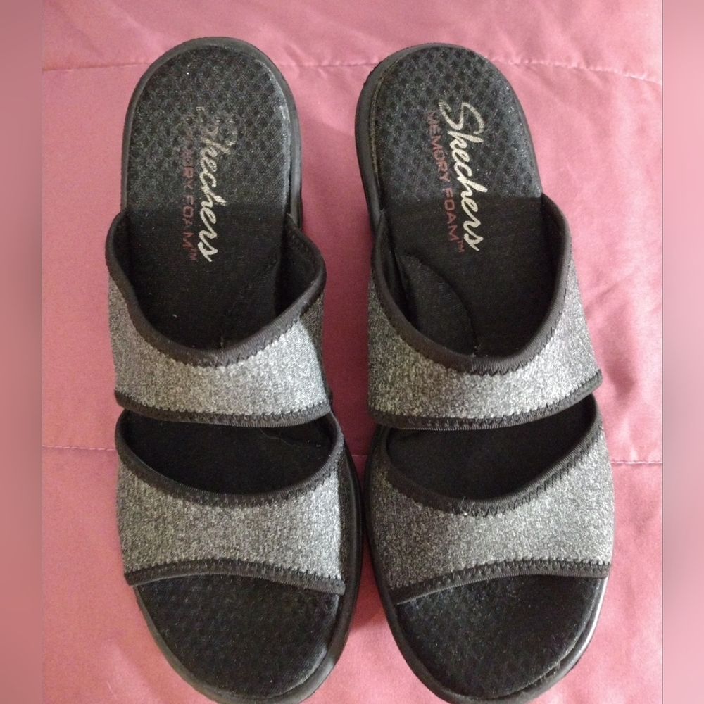 Skechers Cali Rumblers womens sandals memory foam wedge slides gray size 7